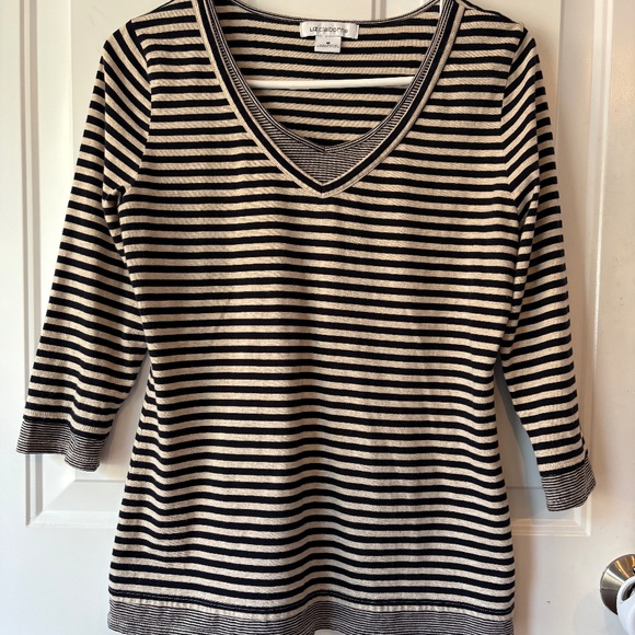 Liz Claiborne Tops - Womens Cotton Casual Top, 3/4 Length Sleeve Size M, Liz Claiborne, Black/Tan EUC